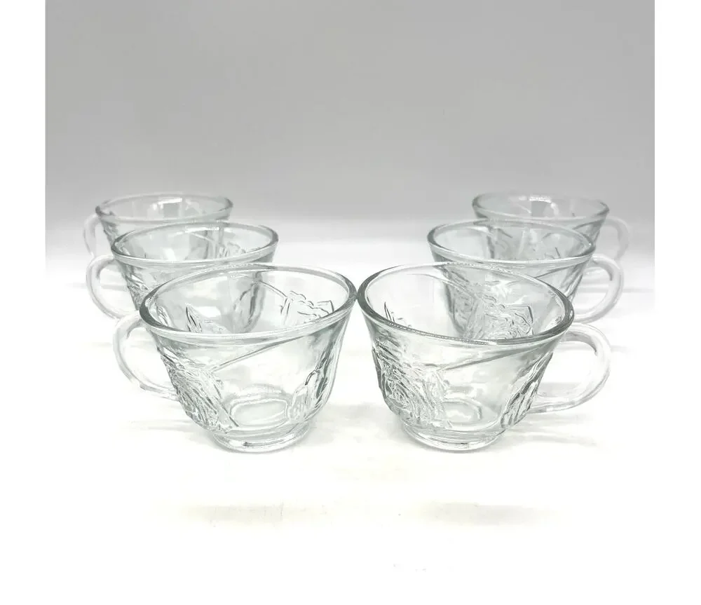 Vintage Set of 6 Clear Glass Tea Cups with Embossed Rose Embellishments